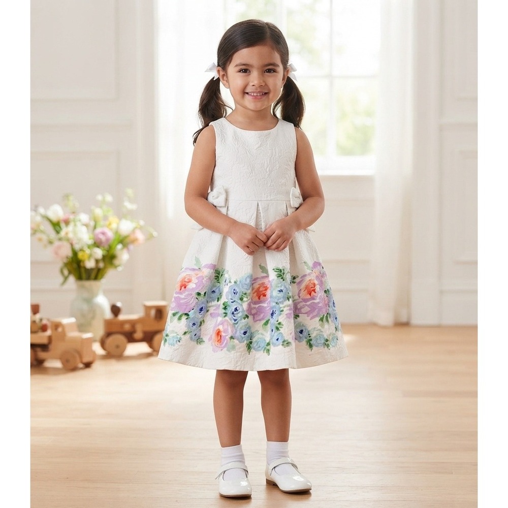 Janie and Jack Floral Matelasse Dress Kids Size 4 White Good Bow Details